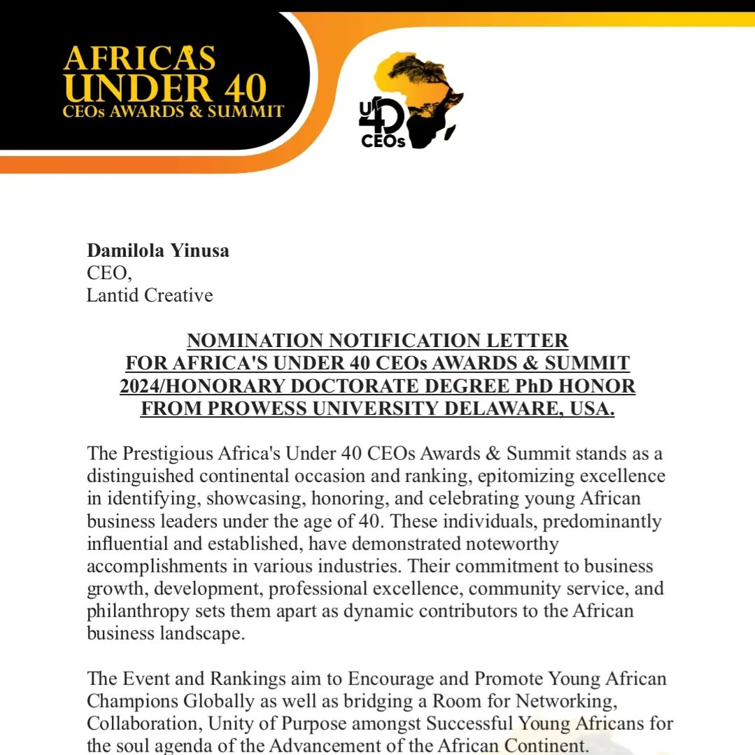 With a heart full of gratitude and excitement. I'm honored to be among the visionary leaders celebrated at Africa's Under 40 CEOs Awards & Summit. Here's to continued growth, leadership, and positive impact across our vibrant continent!#AfricaRising #LeadershipExcellence #Under40