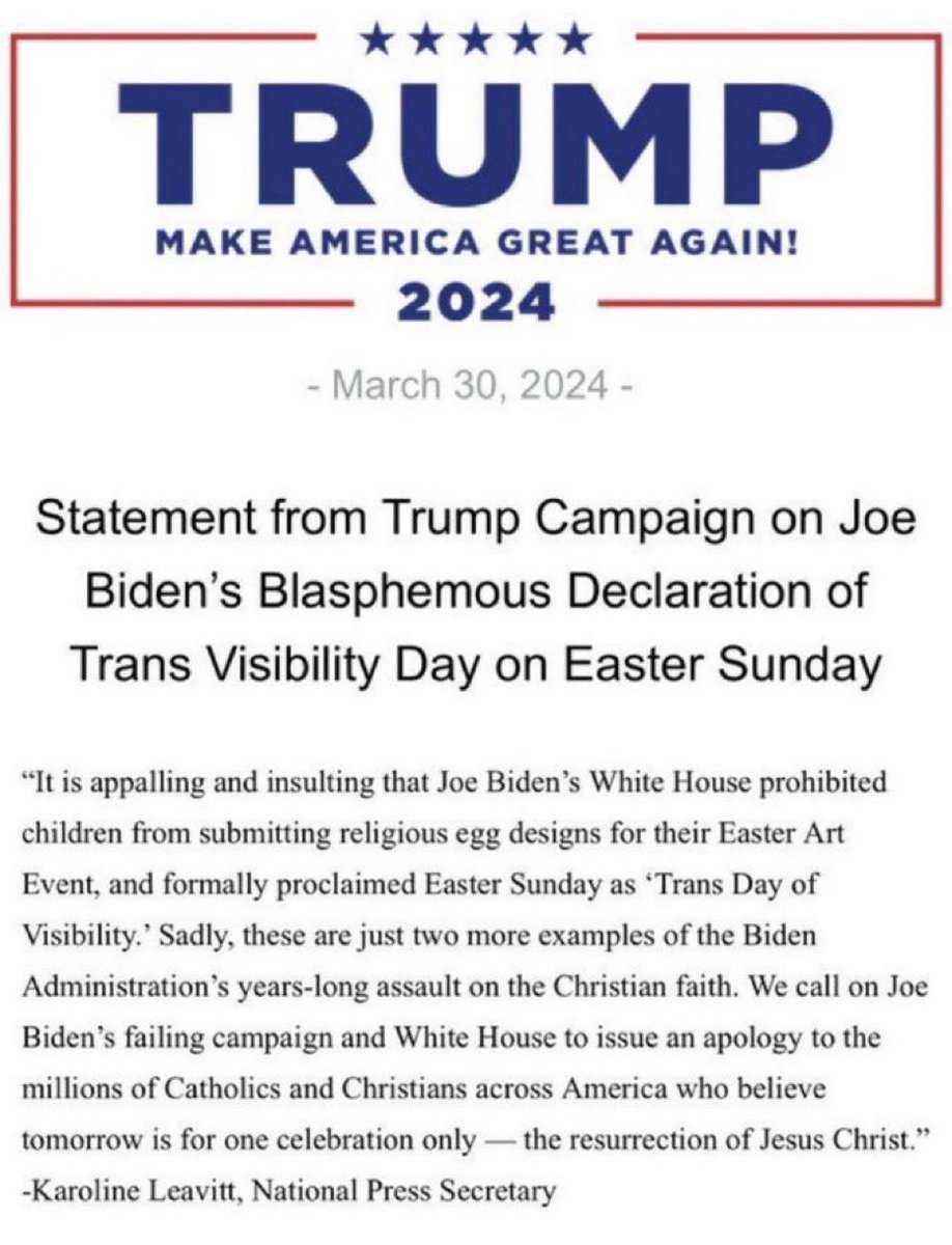 1. His White House had the exact same Easter egg policy . 2. He thinks Catholics aren’t Christians 3. He sells overpriced Bibles to pay his criminal defense attorneys. But, sure, worship the golden calf.