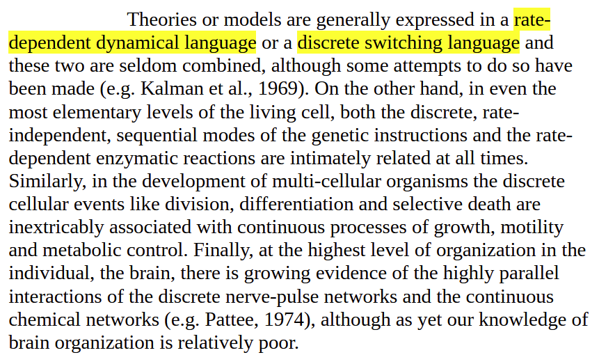 Computational theories are unsustainable because a '#discrete switching language' of numbers cannot properly explain a #continuous process of 'growth, motility, and metabolic #control.' From #HH_Pattee's 1976 paper on instabilities and control hierarchies: academia.edu/863887/The_rol…
