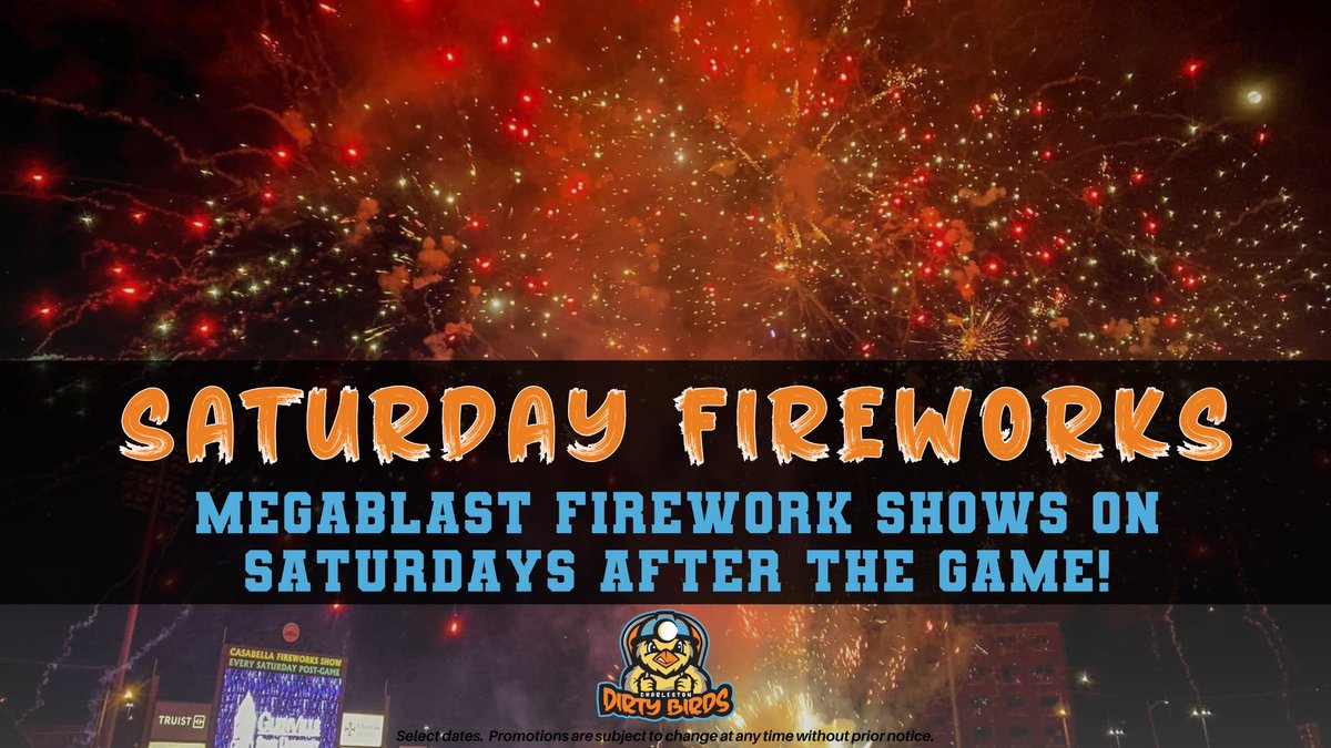 Saturdays during the 2024 season are about to be a blast 💥 literally though…😉 Plan to be here Saturday nights to enjoy our Megablast Firework shows after the game 🥳 See all the exact dates at bit.ly/db2024promos 🗓️ #staydirty #DirtyBirds