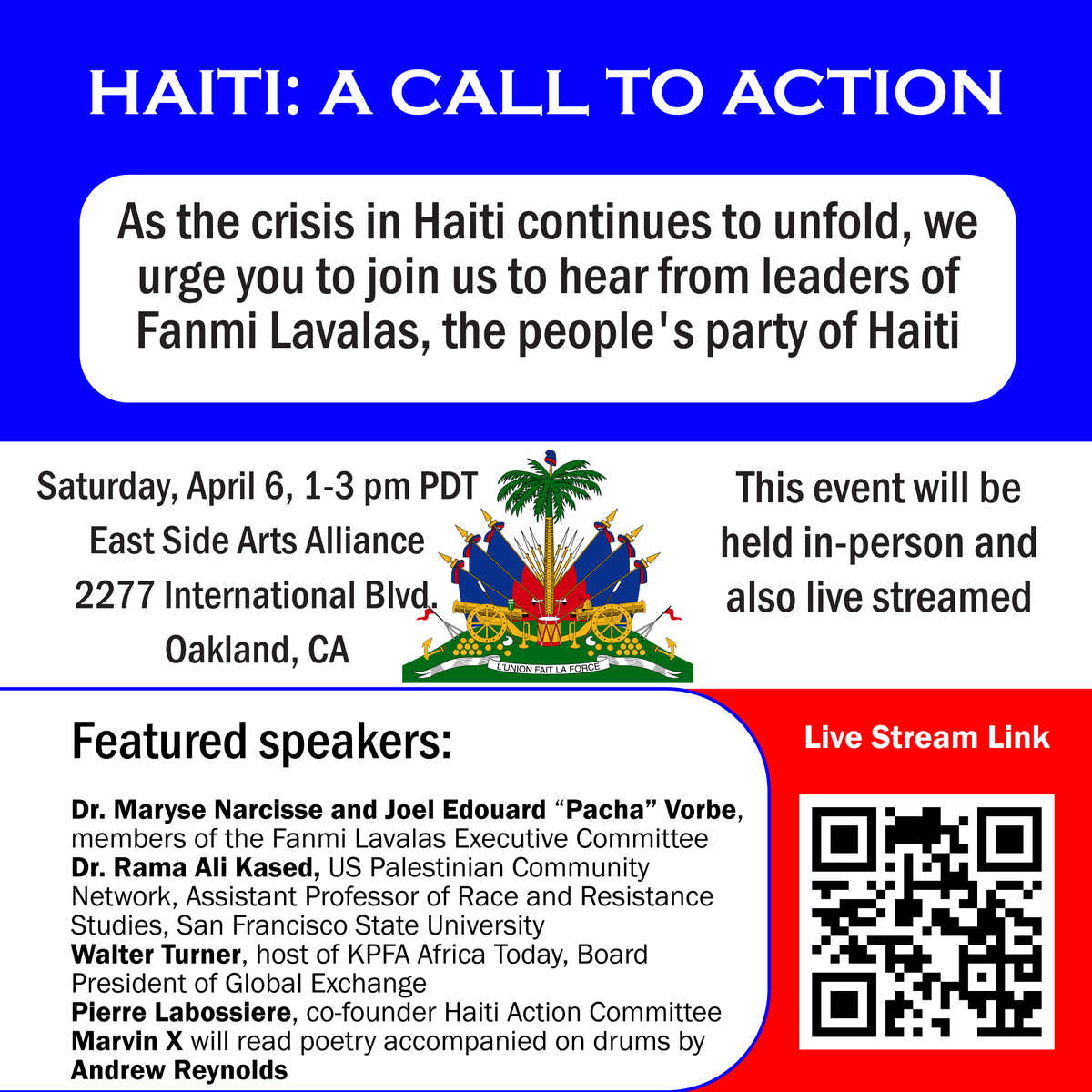 We hope you will join us in one week for this unique opportunity to hear from Dr. Maryse Narcisse and Joel Edouard 'Pacha' Vorbe, leaders of Haiti's Fanmi Lavalas party. At Eastside Arts Alliance in Oakland and livestream youtube link: youtube.com/watch?v=s-1QoZ…