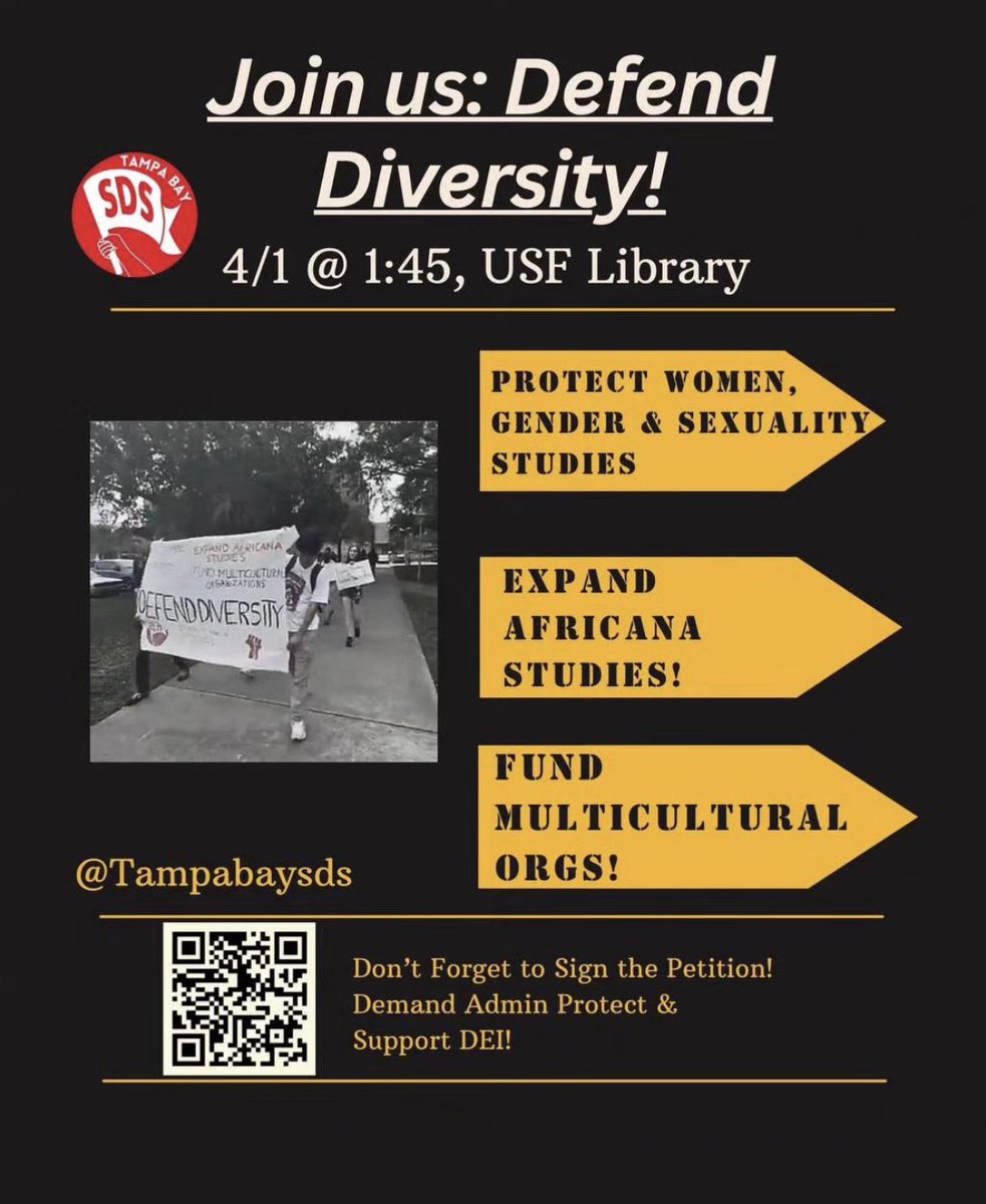 📣 Join TBSDS in a protest to Defend Diversity on campus! 📣 We demand that USF Protect WG&SS, Expand Africana Studies, and fund Multicultural Organizations! 📆 Monday, April 1st ⏰ 1:45 pm 📍 USF Library #diversity #usf #sds