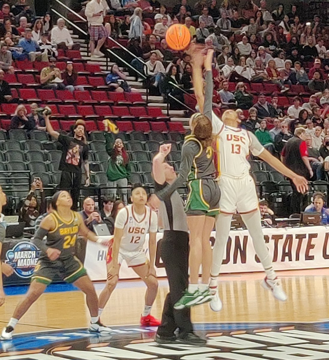 USC defeated Baylor 74-70 in the #Sweet16 in Portland in a closely contested game to advance to the regional finals JuJu Watkins didn't have her most efficient game, shooting 8-of-28 (2-of-11 on 3s), but converted a 3-point play to break a late tie. She scored 9 straight points