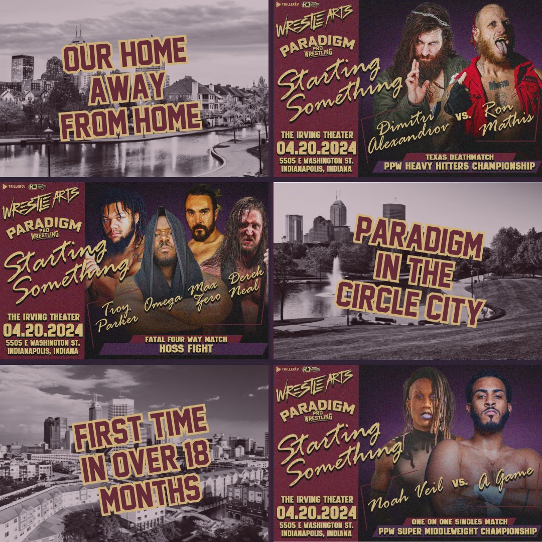 Indianapolis has been our home away from home, and we're back on Saturday, April 20th for a show w/ @WrestleArtsIndy! Ft @RonMathis13, @DimitriKillBear, @NoahXVeil, @JosephAgame, @TroyParkerPro, @502Pitbull, @HandsomeMaxZERO + MORE Get tickets at wrestleartstix.com!