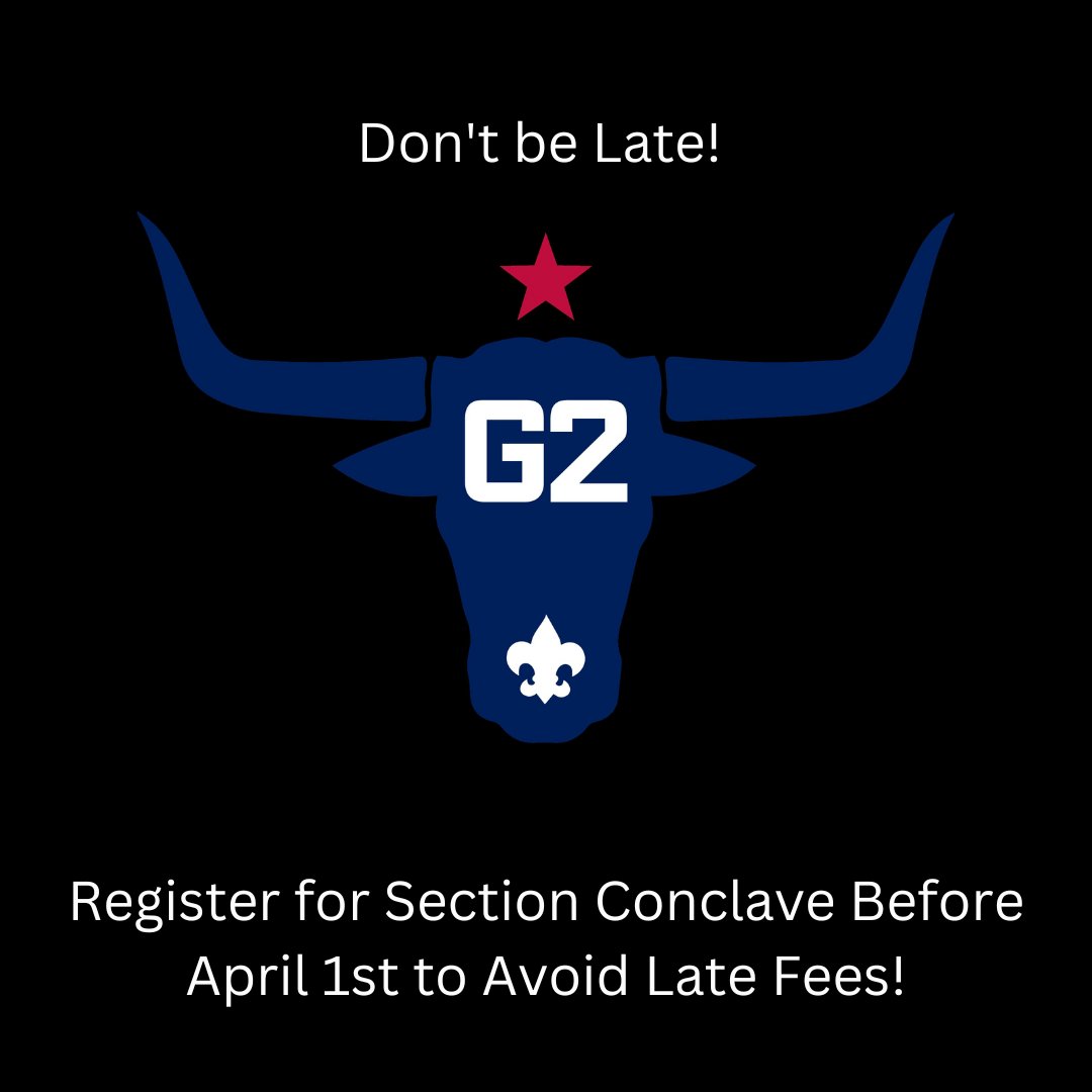 Secure Your Spot at Section Conclave Before April 1st to Avoid Late Fees!
scoutingevent.com/564-G2CONCLAVE
#lonestarfellowship #sectionconclave #orderofthearrow #OA #SectionG2