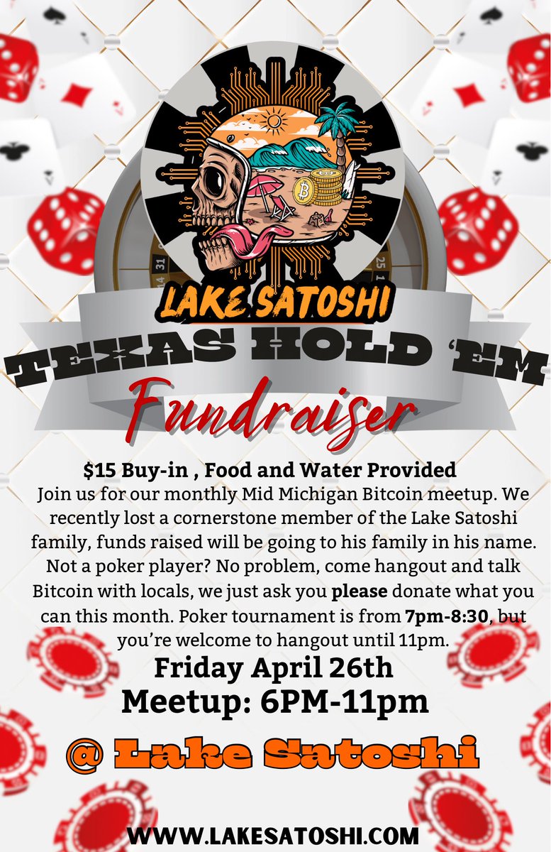 LakeSatoshi's tweet photo. Next Meetup is a Texas Hold ‘Em Poker tournament fundraiser. Some of you who came to our August Retreat may have remembered or talked to Vinny. Vinny was a life long friend of @BitcoinOne01 , and has spent years hanging out and working at Lake Satoshi. He was an incredible example of a good man, and left his impact on everyone he met. Unfortunately, he suddenly passed away earlier this month while in El Salvador with Mike. We have all been grieving the past few weeks, but nobody more than Vince’s wife Julie (whom some of you also may have met). 

That is why we are raising funds for her, to help ease some of the emotional and financial pain she is going through. If you don’t play poker, that’s okay, I never have either. Come out to talk Bitcoin with other plebs, and enjoy some BBQ. I would just ask and tremendously appreciate any donations . If you’d like you can send a few sats to ben@getmash.cash for small donations. 

Thank you plebs, looking forward to a fun Friday at the end of the month with you all in April! 🧡

https://t.co/PRoh0Z1TQB