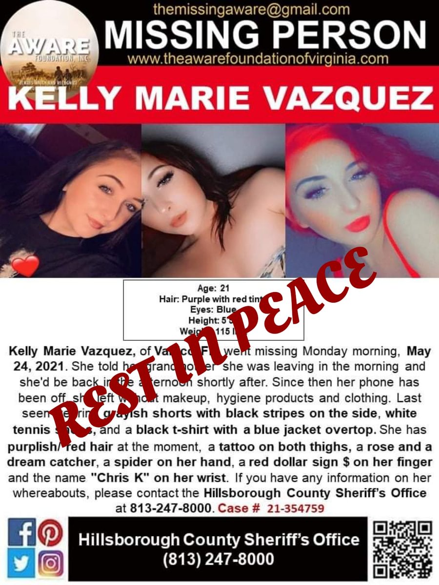 UPDATE: It is with a heavy heart and great sadness we must share the news that Kelly's remains were found and  identified using DNA. Our thoughts and prayers are with her family. #TheAWAREFoundation