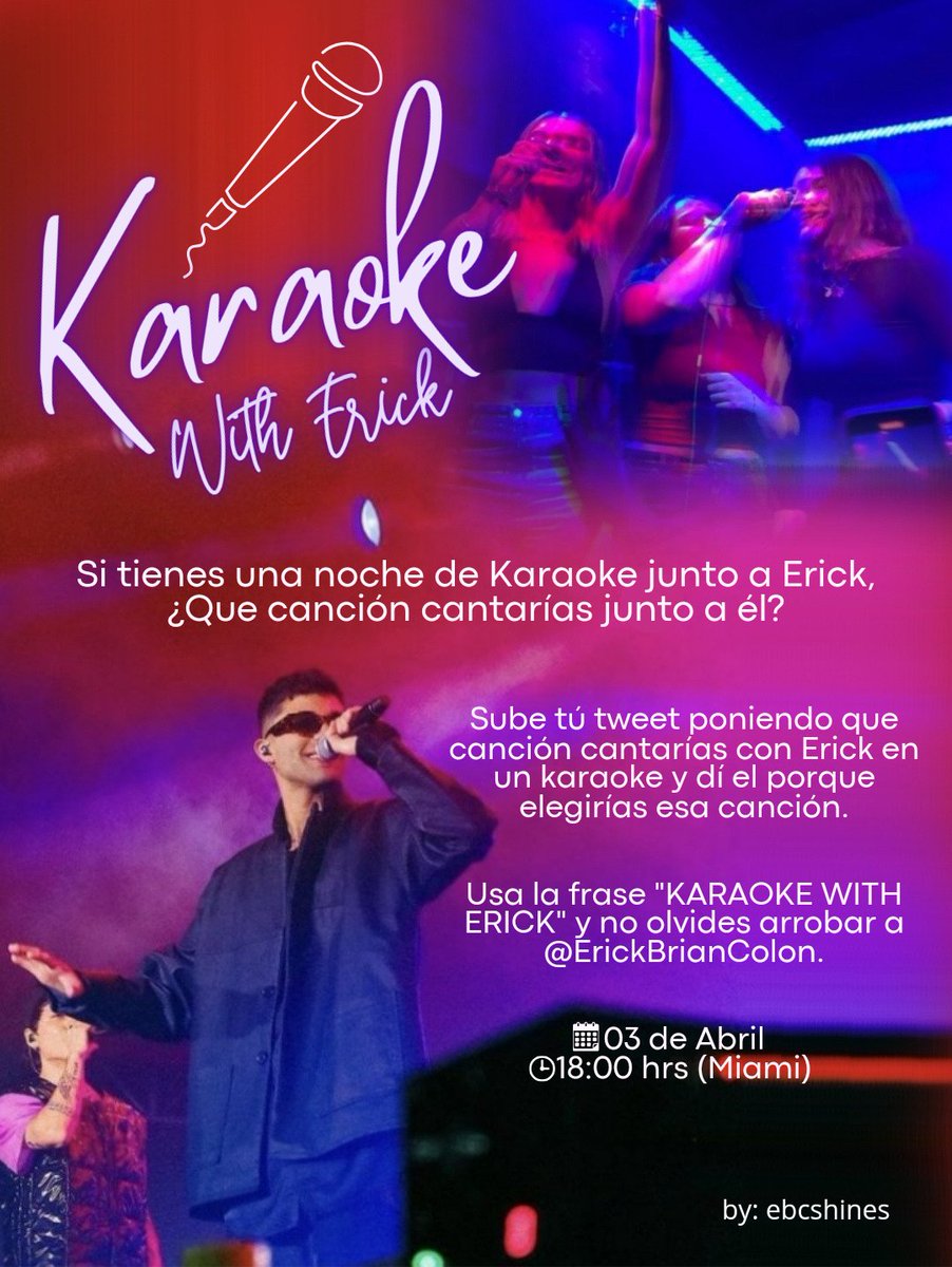 ebcshines's tweet image. 🎤 KARAOKE WITH ERICK 🎤

Hola!!! Les traigo esta divertida dinámica para convivir en el fandom.
Sabemos que a Erick el encanta el kareoke y esta vez quiero que compartan que canción cantarían con el.
En la imagen esta toda la información de esta dinámica 🤍

@ErickBrianColon
