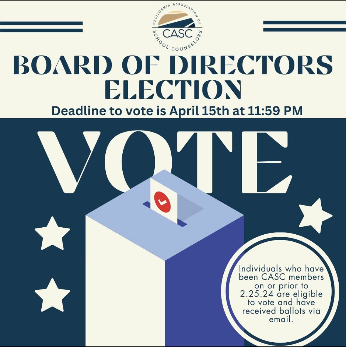 🚨CASC members🚨If you have been a CASC member on or prior to 2.25.24, you have received a ballot for the 2024 CASC Board of Directors Election. There are 16 candidates vying for 6 seats. Review the ballot with each candidate’s information. Deadline to vote is 4/15 at 11:59 PM.
