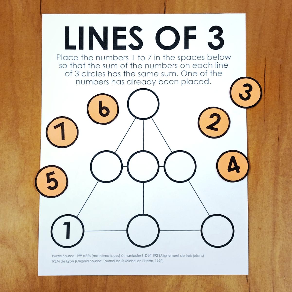 This past week's Puzzle of the Week was Lines of 3 translated from IREM de Lyon's excellent book of math puzzles and games! mathequalslove.net/lines-of-3-puz… #mtbos #iteachmath #teach180 #puzzlingclassroom