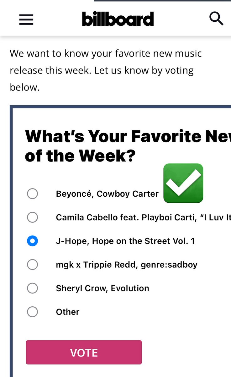 sugamihoney's tweet photo. — Tenemos una nueva votación en los Billboard de #JHOPE en la categoría “ What’s your favorite new music release of the week “ por el álbum #HOPE_ON_THE_STREET_VOL_1. pasen a votar por favorr ‼️‼️

📎https://t.co/Gt8Ff0KNnc https://t.co/likZwb3xlT