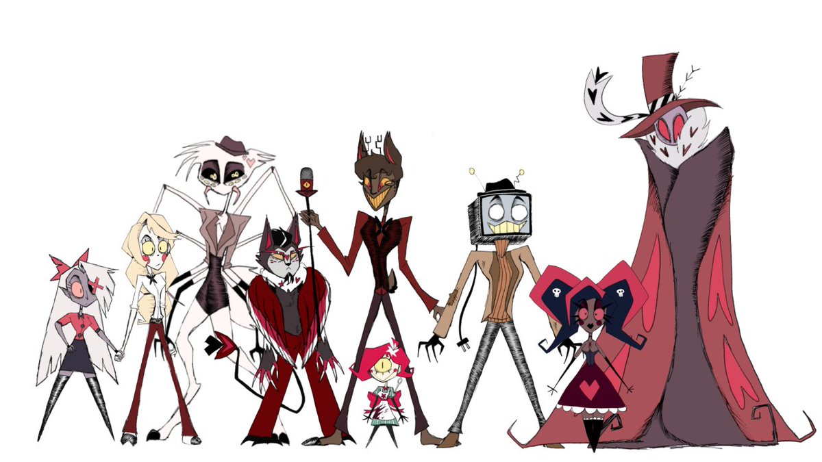 vampire_blood66's tweet photo. 📺HERE IT IS!!!!📺

Okay so I made the designs for the Vees and the original main cast. I might draw the others later but for now this is what I got!! 

#Valentino #velvette #Vox #Alastor #niftty #Husker #angeldust #CharlieMorningstar #vaggie #hazbinhotel #hazbinhotelau #au https://t.co/H8RMF0fSoP
