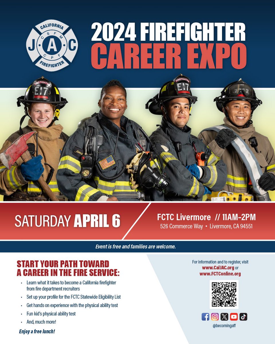 Bring your friends & family to Cal-JAC's Northern CA Firefighter Career Expo at FCTC Livermore on Saturday, April 6, 11 AM – 2 PM. Meet fire dept recruiters & take the exciting next steps toward a career as a firefighter. Register today: CalJAC.org @BecomingaFF