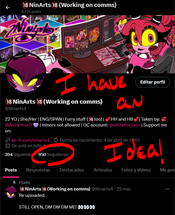 Ninarts4's tweet photo. IDEA! ABOUT THE GIVEAWAY! LET'S SEE HOW MANY PEOPLE WE MANAGE TO GET TOGETHER BEFORE MY BIRTHDAY (04/04) IF WE MANAGE TO REACH 1K BEFORE THAT DATE, I'LL TELL HOW MANY SPOTS FOR WINNERS THAT WILL BE ON THE NEW FUTURE ESPECIAL 1K POST, PLUS A SURPRISE! https://t.co/iASRvm24un