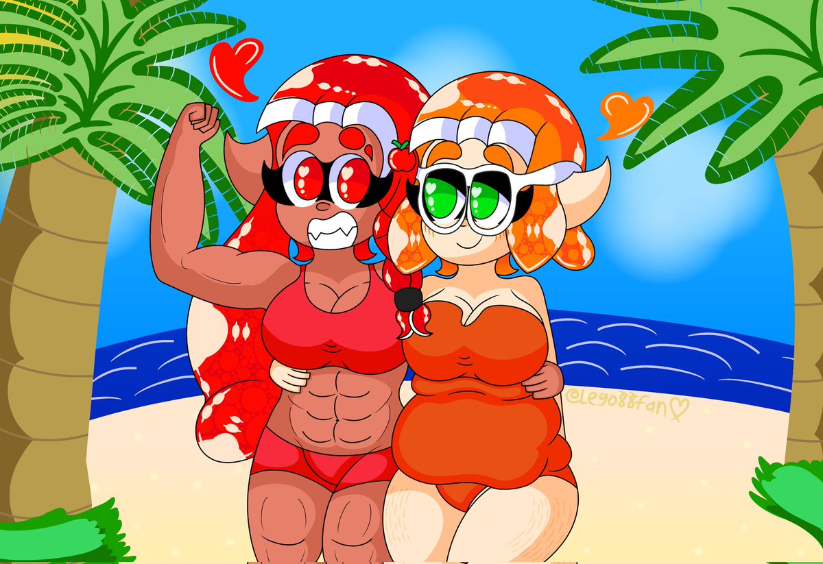 Carrot and Apple Cider decided to go on a beach date together! 🧡❤️✨✨ (Feels good to finally be posting art again) | #Splatoon #Splatoon3 #ocs #inkling #woomy #NintendoSwitch