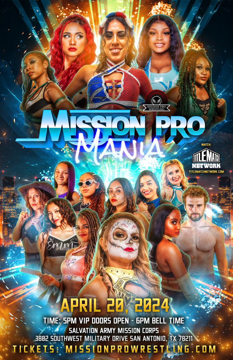 #SanAntonio! We are less than 1 month away from #MPWMania! Reserve your seat now to see @thunderrosa22, @TiffanyNieves_ & many more! 🎫: missionprowrestling.com 📺: @TitleMatchWN Sponsorship Inquiries: missionprowtestling@gmail.com #AEWCollision #WrestleMania