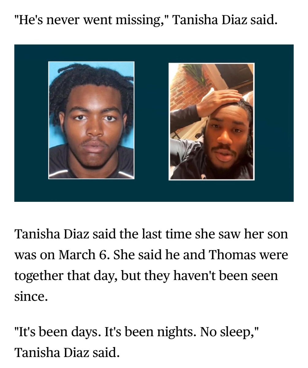 A mother in Philadelphia is on a desperate search to find her son 18-year-old Quadir Diaz. He and his friend Ausar Thomas, 21, have been missing since March 7. Quadir's mother Tanisha Diaz said she is beginning to prepare for the worst. cbsnews.com/amp/philadelph…