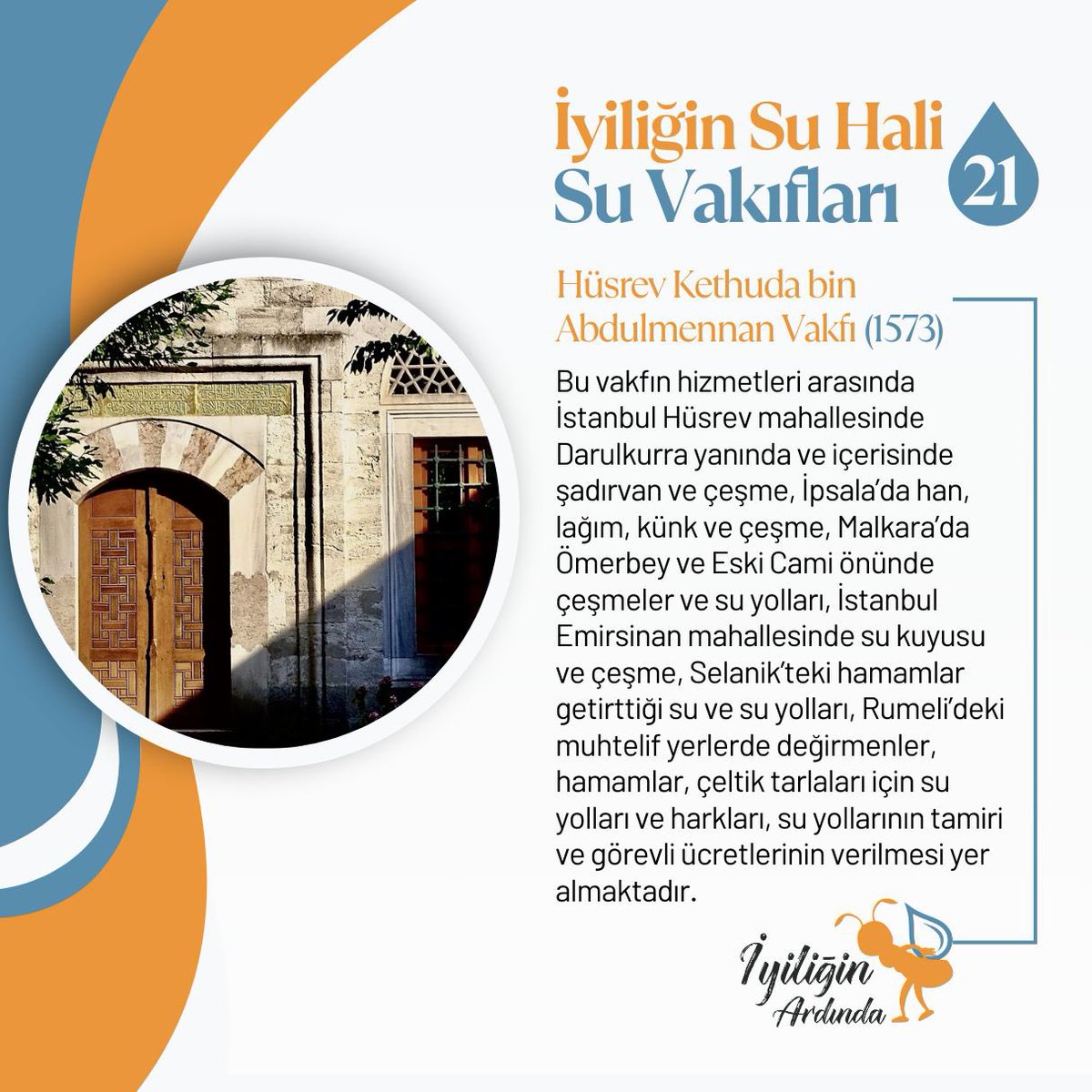 𝗜̇𝘆𝗶𝗹𝗶𝗴̆𝗶𝗻 𝗦𝘂 𝗛𝗮𝗹𝗶: 𝕊𝕦 𝕍𝕒𝕜ı𝕗𝕝𝕒𝕣ı 💧 2️⃣1️⃣Hüsrev Kethuda bin Abdulmennan Vakfı(1573) Bu vakfın hizmetleri arasında İstanbul Hüsrev mahallesinde Darulkurra yanında ve içerisinde şadırvan ve çeşme, İpsala’da han, lağım, künk ve çeşme… yer almaktadır.