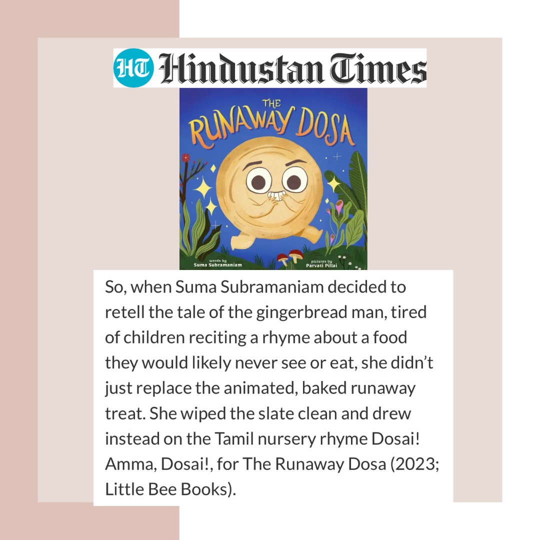 The Runaway Dosa is on Hindustan Times today in a wonderful article by journalist Sukanya Datta, titled 'And then there were naan: Finally, Indian food stars in children’s books'!  @htTweets is a daily newspaper published in Delhi.
hindustantimes.com/lifestyle/art-…

#therunawaydosa
