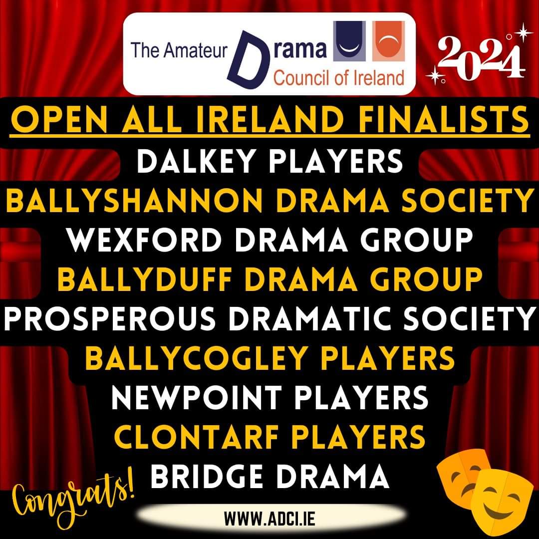 The ADCI is delighted to officially announce the qualifying groups for the RTÉ All Ireland Drama Festival. Huge congratulations to all of the qualifying groups and also to all groups who participated on the 2024 Amateur Drama Council of Ireland Festival Circuit