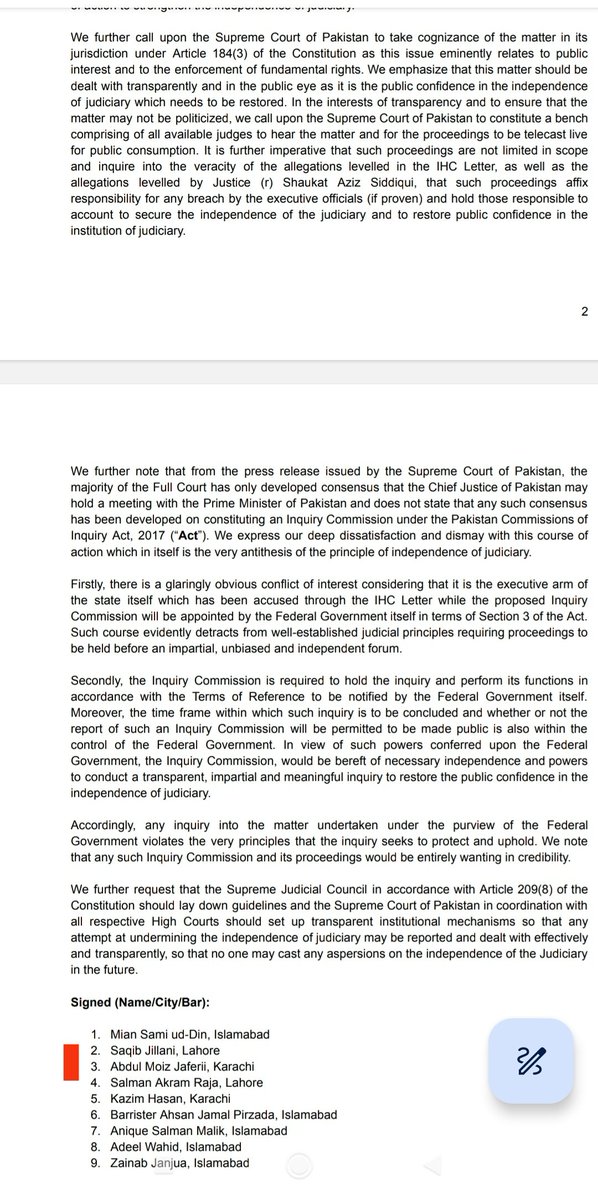 More than 300 lawyers including ex CJP Tassaduq Hussain Jilliani's son have issued a public statement against the govt's inquiry commission probing six IHC judges letter regarding the interference of agencies in judicial functions.