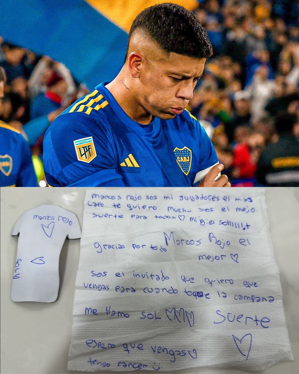🥺💔 Ufff, hoy una nena hincha de Boca le dio esta carta a Marcos Rojo:

“Marcos Rojo sos mi jugador, el más capo, te quiero mucho. Sos el mejor, suerte para todos.

Gracias por todo Marcos Rojo, el mejor. Sos el invitado que quiero que vengas para cuando toque la campana, me