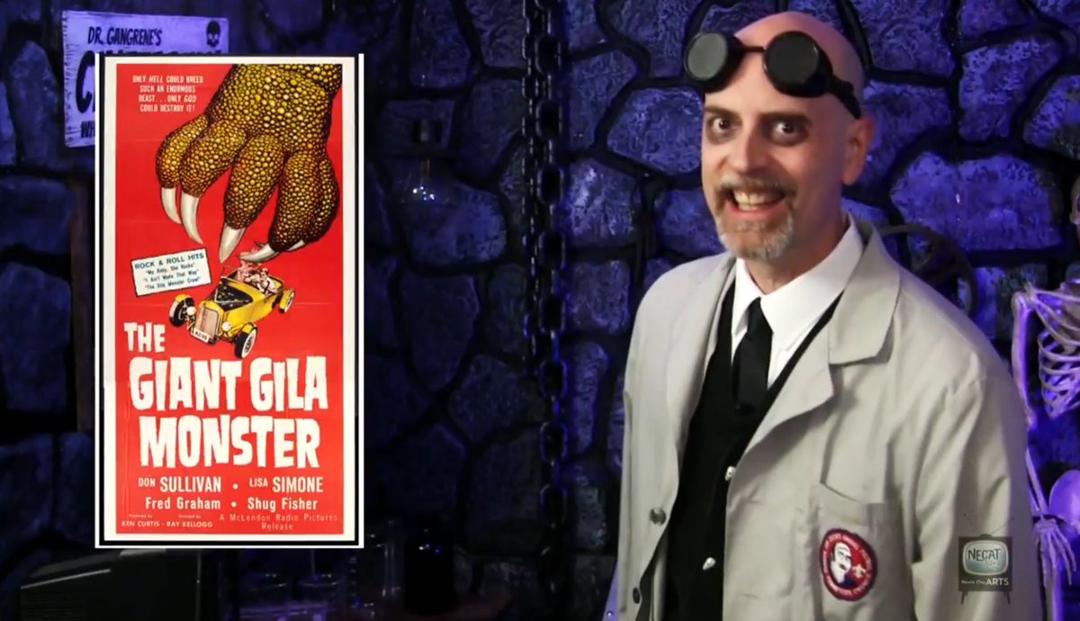 Hop on your hot rod and race on over to Shackle Island and visit Dr. Gangrene's Cinetarium to watch @drgangrene host “The Giant Gila Monster” (1959) at 9pm Central/10pm Eastern on Nashville's Necat CH9 necatnetwork.org/music-city-art… #HorrorHost #DrGangrene