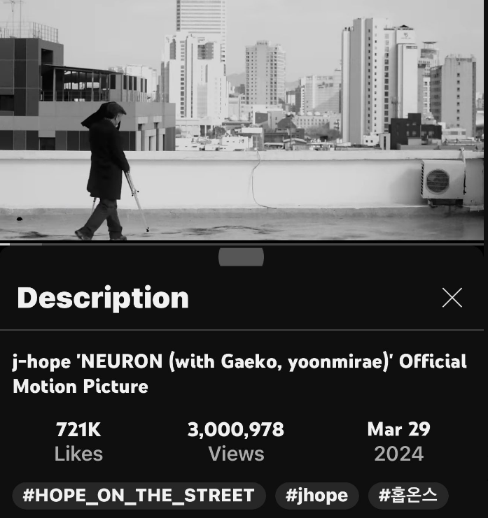 j-hope 'Neuron (with Gaeko, yoonmirae)' Official Motion Picture has surpassed 3M views on Youtube. 🎊🎊 Keep streaming!
(youtu.be/z4Rg_VgOlJU)