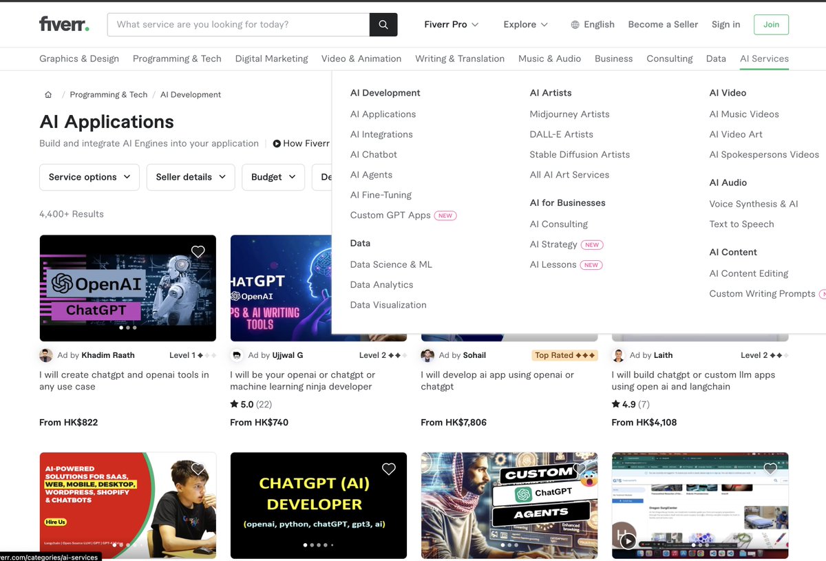 leeoxiang's tweet image. #Fiverr 网站真是一个宝藏，其提供了 20 多种 AI 领域的外包服务，包括生成数字人、声音克隆、AI Agent 开发和 AI 设计图制作等。这里非常适合独立开发者和创业者来验证需求并将其转化为实用工具。在 #Fiverr 上经过验证的需求最终可孵化成一款出色的产品。#数据会说话

fiverr.com/categories/pro…