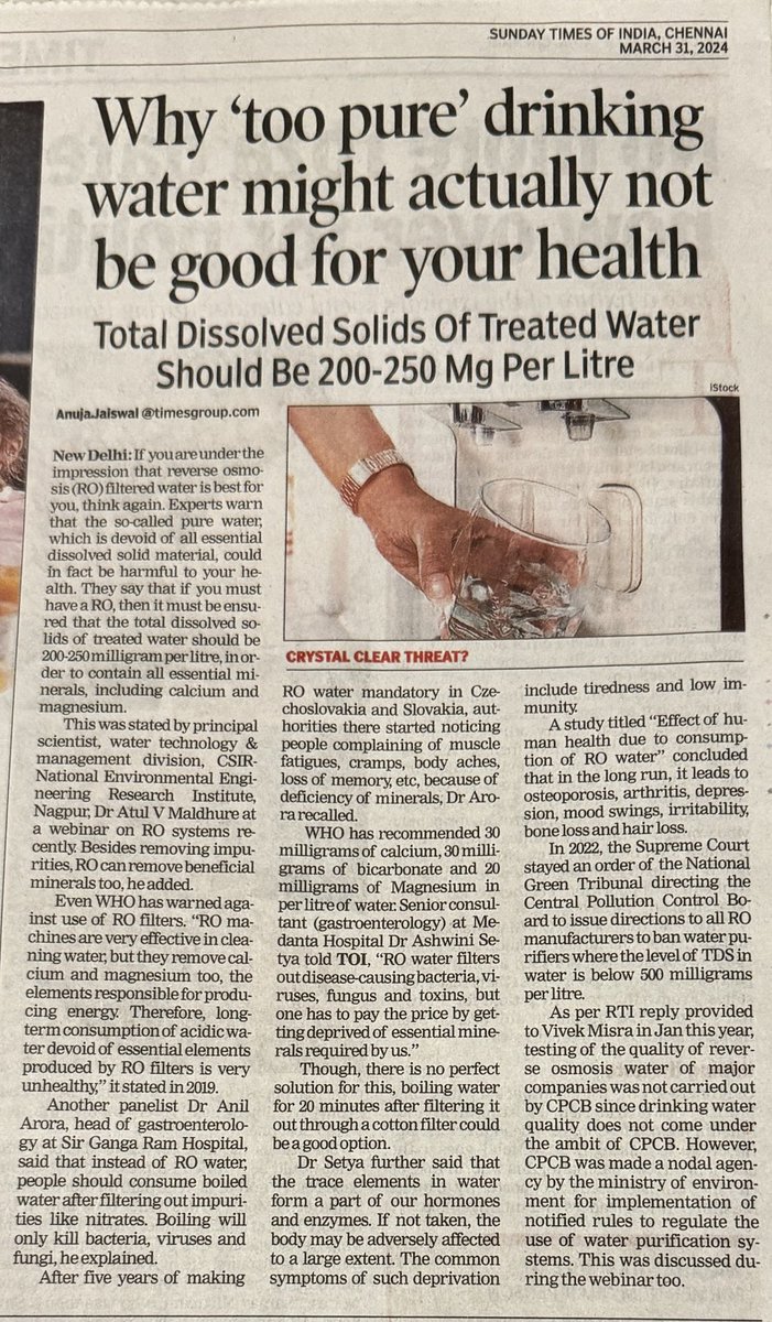 Nice article on drinking water by ⁦@AnujaJaiswalTOI⁩ . Why boiling the water is best and not #reverseosmosis #mineralwater ⁦@TOIIndiaNews⁩ ⁦