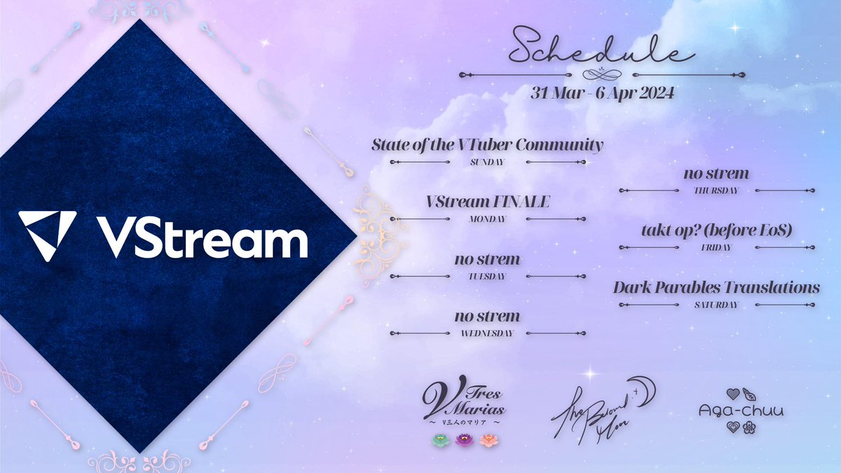 thebelovedmoon's tweet photo. new weekly schedule!! let's formally conclude March with the monthly Edition of #StateOfTheVTuberCommunity and our final farewell to #VStream. to everyone who have stuck with the community, a HUUUUGE THANK YOU for being with us~ππππΈ
#AgaChuu #VTuber #VTuberUprising https://t.co/Rj3jQSMWcC