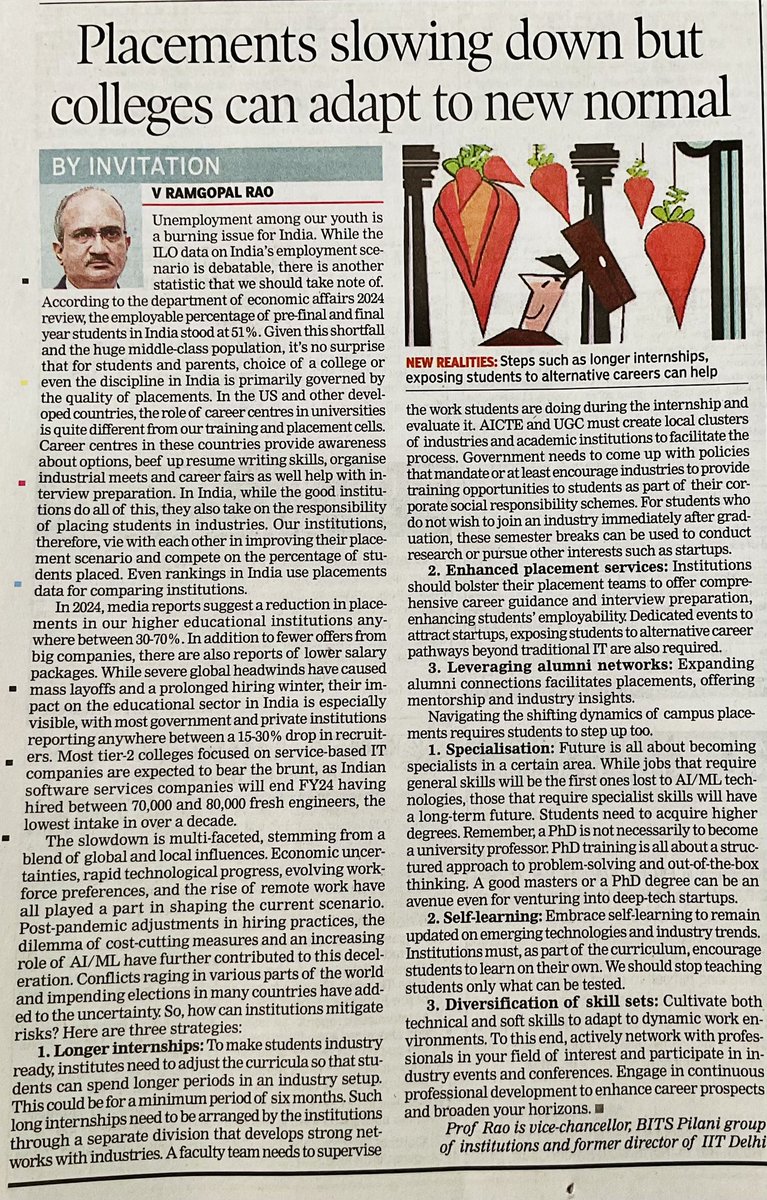 My invited article in today's (March 31, 2024) 'The Times of India' . A lot needs to be done to bridge the unemployability gap. Link for the article in the comments section. #placenents #HigherEducation #jobsearch @timesofindia