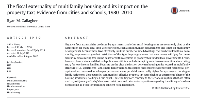 "communities' effective property tax rates decline as apartments' share of the housing stock rises...These findings are contrary to the set of assumptions...used to justify many of today's land-use restrictions...." sciencedirect.com/science/articl…