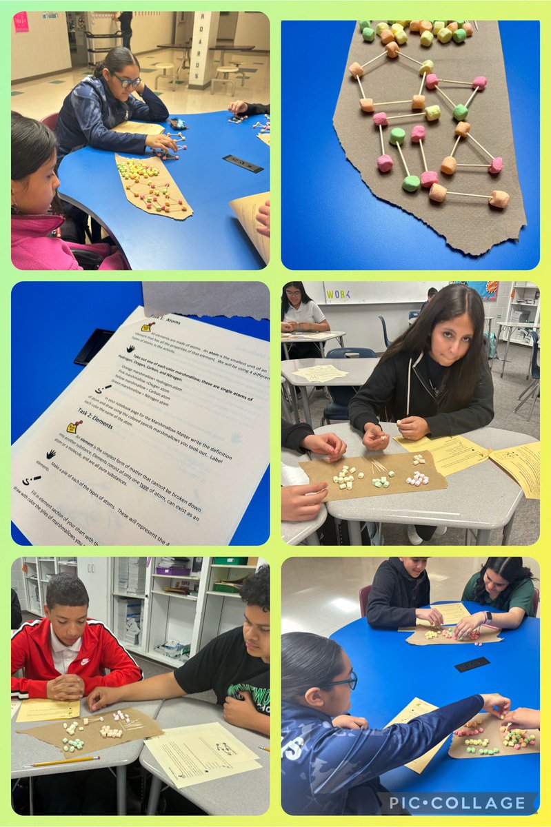 Constructing models of elements, compounds, and molecules using marshmallows. Students were counting atoms, reviewing chemical formals, and drawing their models. @Montwood_MS @paulinahdz_MMS @noecantu_MMS @lsando04_MMS @Jarodriguez_MMS @epalomares_MMS