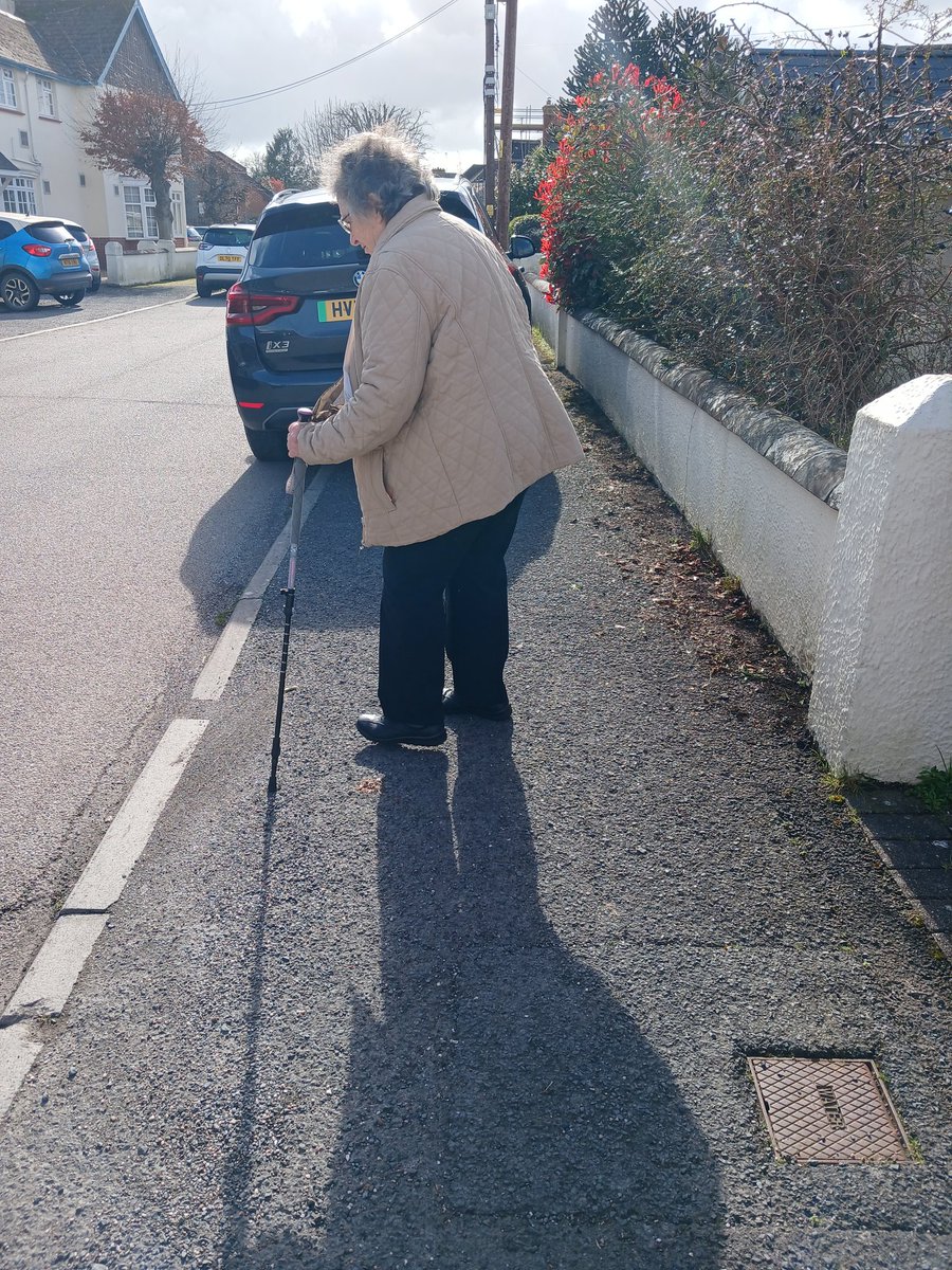 This was my mother yesterday on her way to a doctors appt. She fell over a couple of weeks ago so she's still a bit wobbly. She's just about to step into the road to go around this massive car, which is taking up most of the pavement. Roll on the ban on pavement parking!