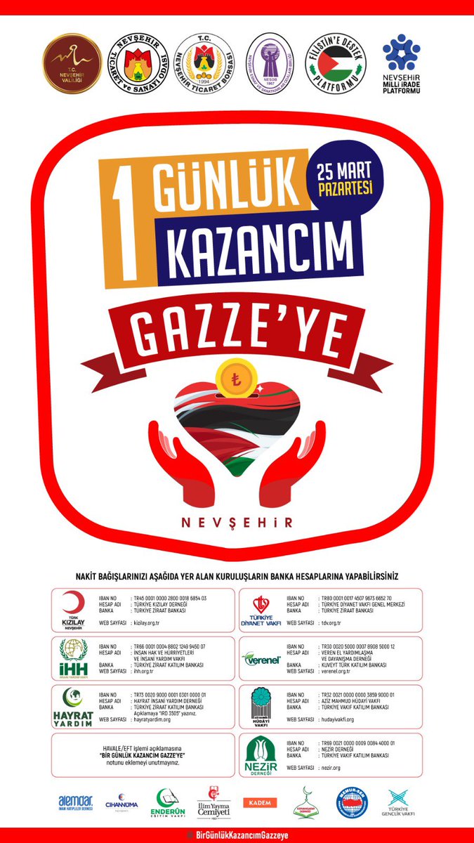 RAHMET AYI RAMAZAN’DA 
NEVŞEHİR GAZZE İÇİN EL ELE;

Katkıda bulunmak isteyen vatandaşlarımız ilgili sivil toplum kuruluşlarının hesapları üzerinden yardımlarını ulaştırabilirler.