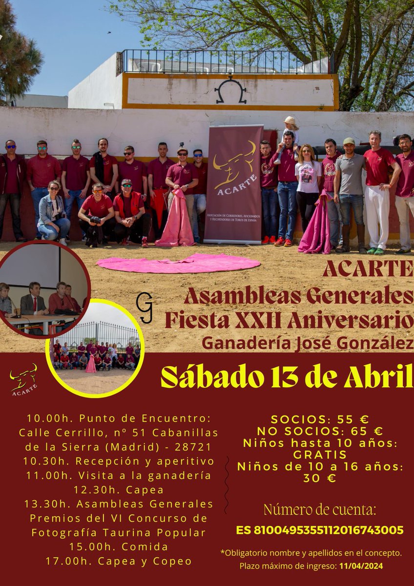 El sábado 13 de Abril tienes una cita con nosotros!!!
Celebramos nuestra asamblea anual y está vez lo hacemos en Cabanillas de La Sierra(Madrid).
Este año visitamos la ganadería de José Gonzalez y esperamos pasar un día espectacular!!
No dudes en apuntarte!!!