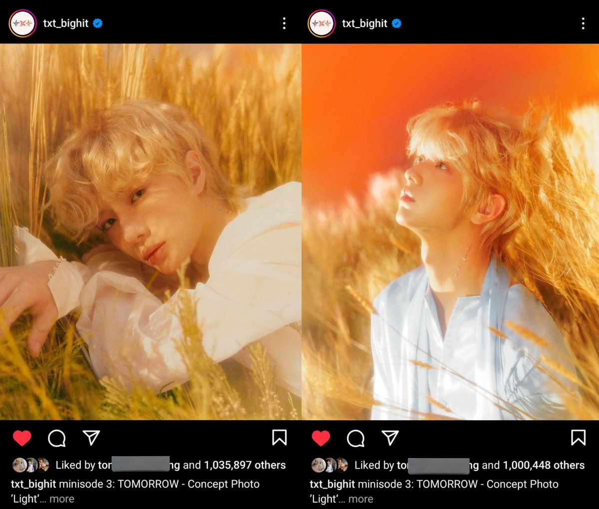 txtdcm's tweet image. finally beomgyu's and soobin's light concept photos on instagram hit 1M likes!! lets get the other members to hit 1M too yall 🔥