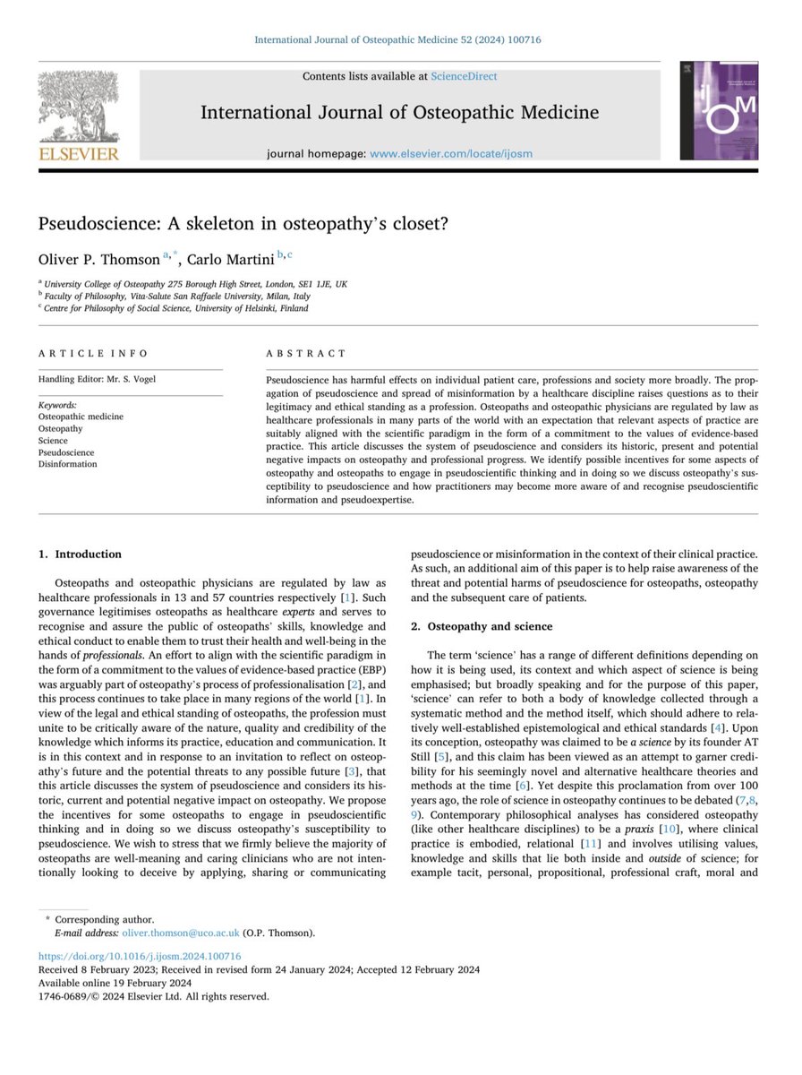 Is pseudoscience a skeleton in osteopathy’s closet? 💀 It was a delight to explore this question and the topic of pseudoscience and pseudoexpertise with @martinicarlo The paper is open access for 50 days in the link below @IntJournalOsteo authors.elsevier.com/a/1inIg6D0fPz%…