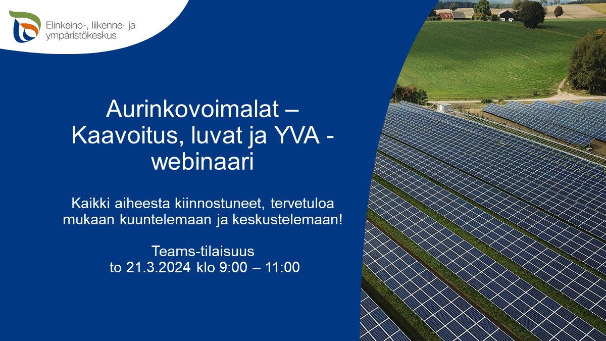 Tarjolla tietoa teollisen mittakaavan aurinkosähköstä niin toteuttajille kuin viranomaisille! Ilmoittaudu mukaan: 👉🏼 21.3. järjestäjänä uusiutuvan energian lupaneuvonta: ely-keskus.fi/web/uusiutuvan… 👉🏼 14.5. Motiva: lyyti.fi/reg/Teollisen_… 👉🏼 14.5. Luke: lyyti.fi/reg/TuuliJaAur…