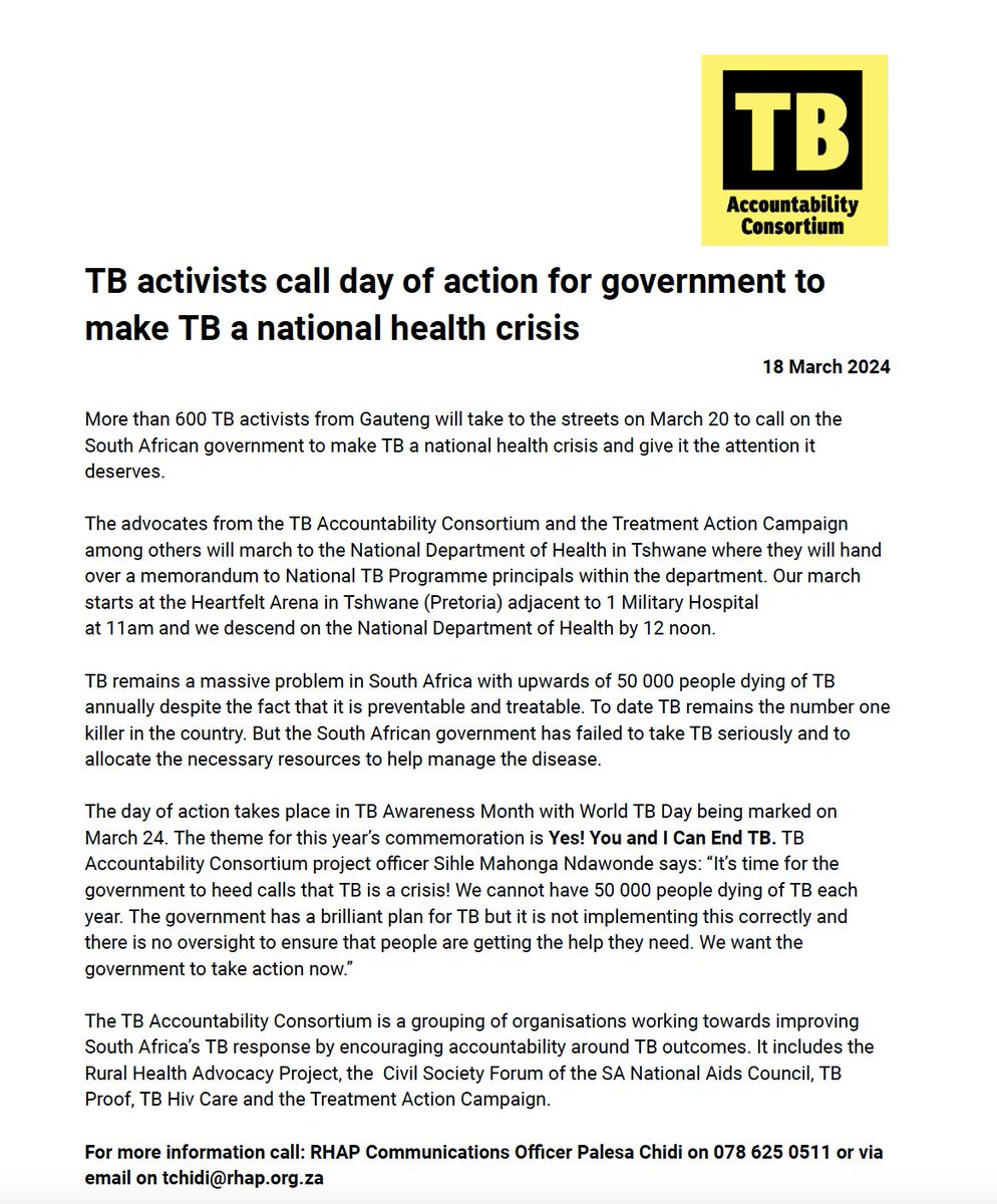 MEDIA STATEMENT | TB activists call day of action for government to make TB a national Health Crisis