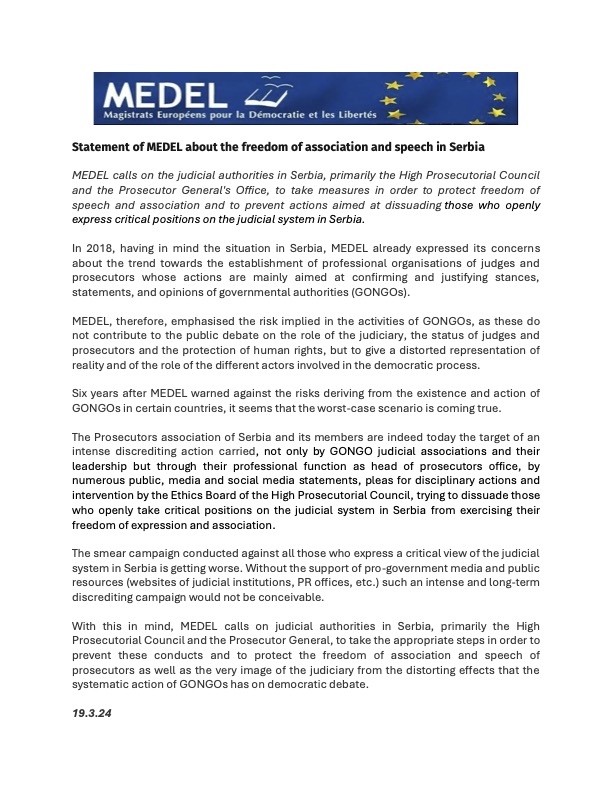@MedelEurope calls on judicial authorities in Serbia, primarily the High Prosecutorial Council and the Prosecutor General’s Office, to take measures in order to protect freedom of speech and association