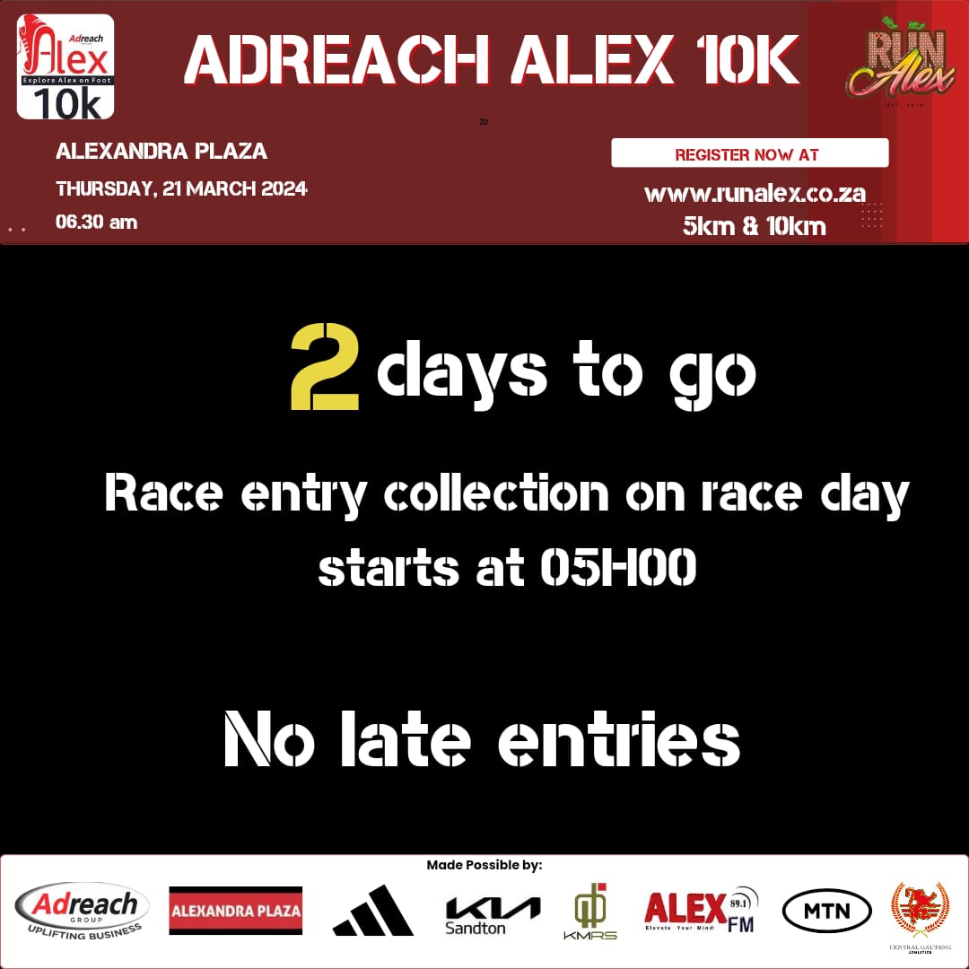 Let's arrive early enough and give the team sufficient time to assist you in the morning.

#AdreachAlex10k
#RunalexAC 
#RunAlex 
#Explorealexonfoot 
#Watermelongang