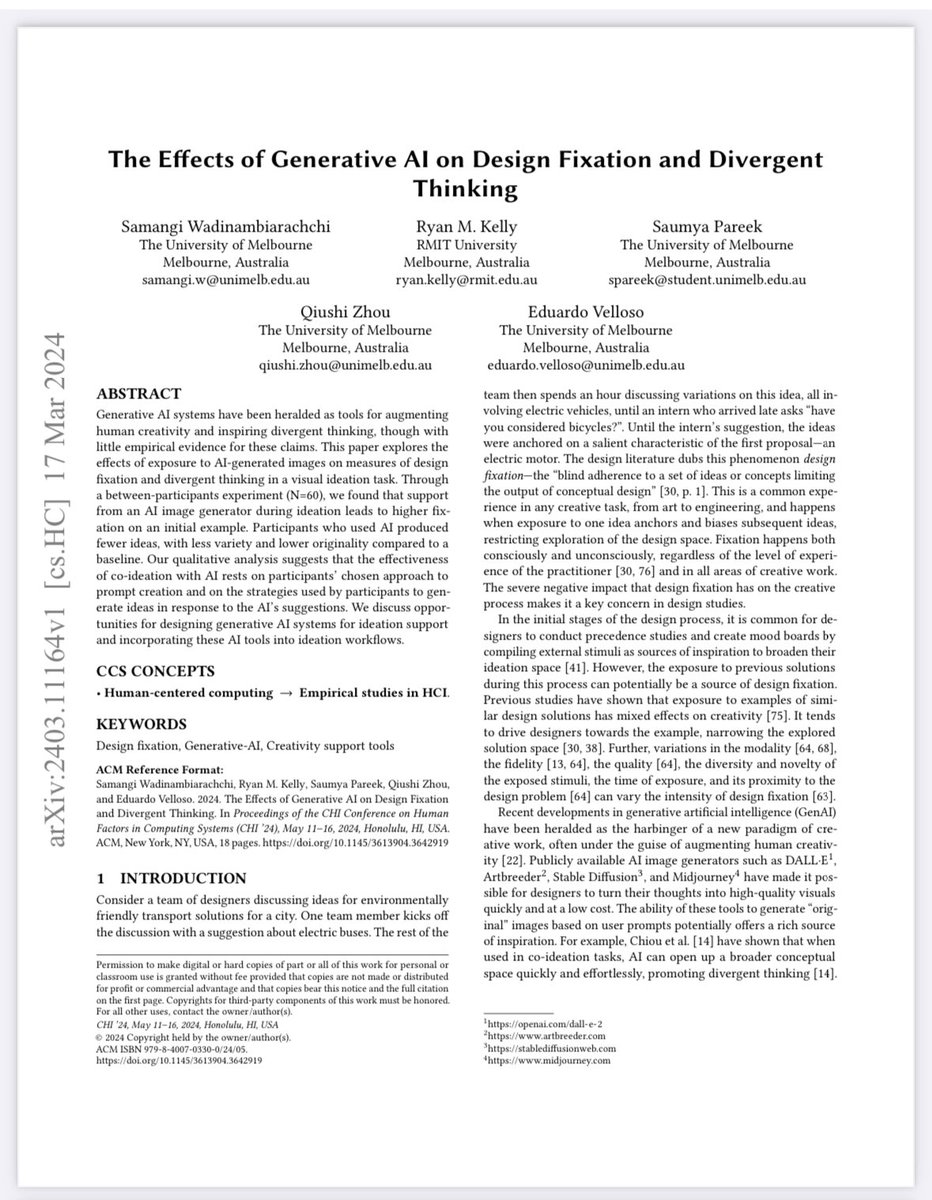 I'm a little late sharing the news! But I am excited to share that our research paper "The Effects of Generative AI on Design Fixation and Divergent Thinking" has been accepted for #CHI2024. With <a href="/ed_velloso/">Eduardo Velloso</a>, <a href="/ryanmkel/">Ryan Kelly</a>, Saumya Pareek and <a href="/qiushi__zhou/">Qiushi Zhou</a>.

arxiv.org/abs/2403.11164