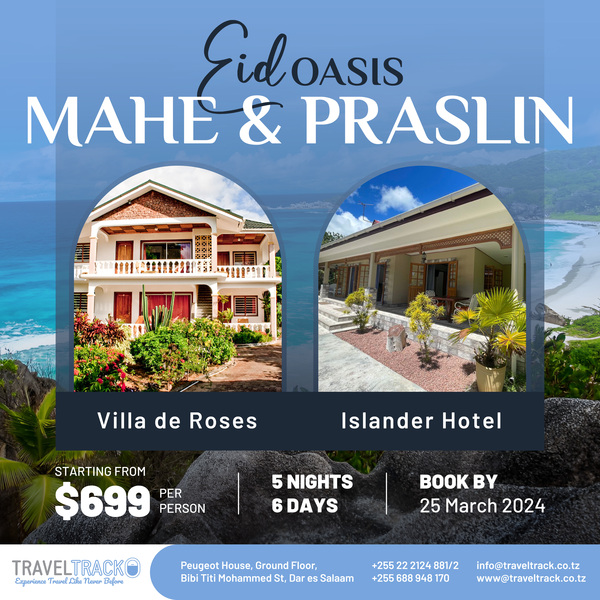 🌙 Discover Eid Paradise: Mahe & Praslin!

5 Nights / 6 Days - Starting from USD 699 PP for Eid

Inclusions: 5 nights in the lap of nature, inclusive of all taxes.

Book By: 25 March for travel up to 30 April.

T & C’s Apply!

📞 +255 688 948 170