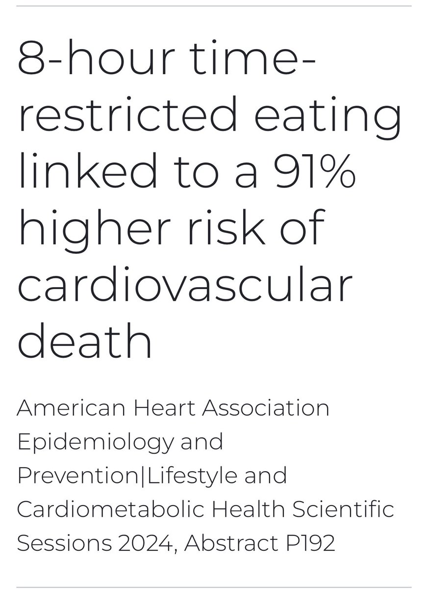 Intermittent fasting of 16 hrs associated with increased Cardiovascular Mortality in middle aged population of 20000 people followed up for 8 yrs..American Heart Association abstract
#AHA #HealthyEating #Food #fasting