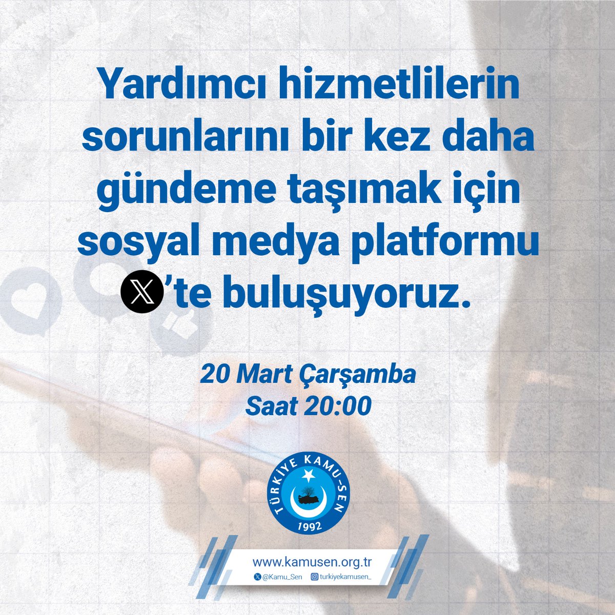 YARDIMCI HİZMETLİLERİN TALEPLERİNİ BİR KEZ DAHA DUYURACAĞIZ

📢Yardımcı Hizmetliler Sınıfında yer alan personelin beklenti ve taleplerini bir kez daha gündeme taşımak için;

📅 20 Mart Çarşamba (Yarın)
⏰ 20.00'de 

⏩ Sosyal medya platformu (X) de buluşuyoruz.

⏩ Etkinliğimiz,
