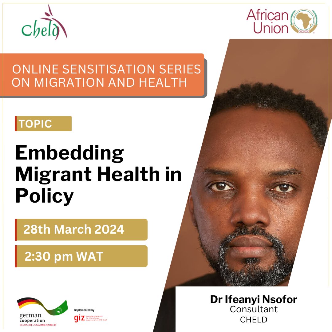 Join <a href="/ekemma/">Ifeanyi Nsofor</a> for the 7th session of our #MigrationandHealth series titled “Embedding Migrants Health in Policy”.

📅28th March 2024
🕝 2:30 pm WAT
📍 - bit.ly/43hPGIQ