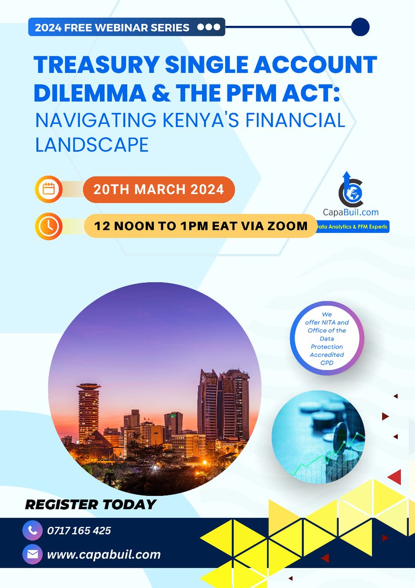 CapaBuil_Ltd's tweet image. Join us tomorrow!

CAPABUIL FREE CPDs

PFM WEBINAR - TSA Dilemma and the PFM ACT: Navigating Kenya's Financial Landscape .

DATE: 20TH MARCH 2024, from 12 NOON on ZOOM

Register: us02web.zoom.us/webinar/regist… 

Follow us on Facebook and Instagram 

eTIMS #training #cpd #Freeseries