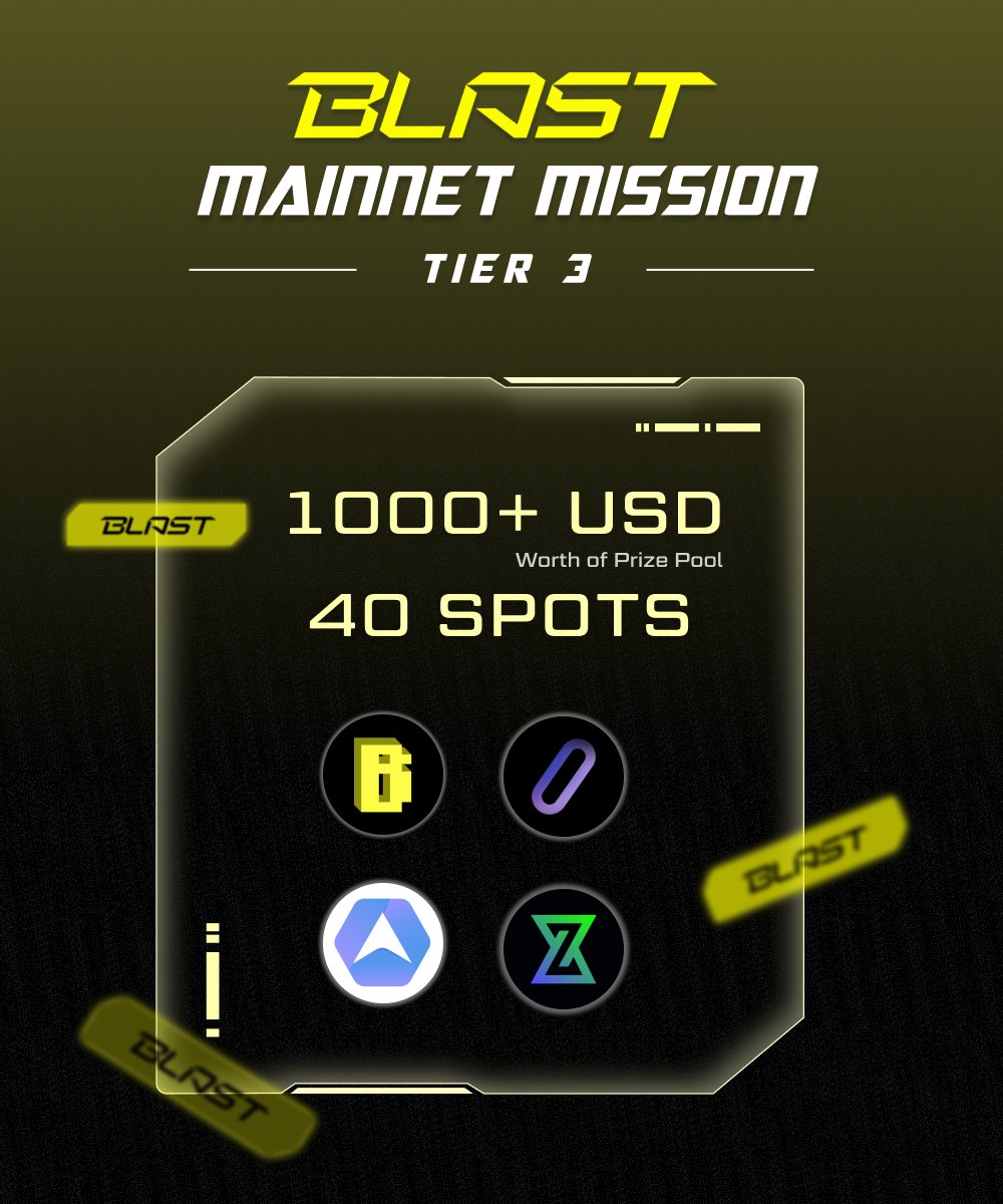 Blast Name Service by Star Protocol (@blastnsdomains) on Twitter photo 💡Attention!
BLAST MAINNET Mission Tier 3 is live NOW!! Join <a href="/blastnsdomains/">Blast Name Service by Star Protocol</a> & <a href="/zerolendxyz/">ZeroLend</a> & <a href="/aveaiofficial/">Ave.ai</a> & <a href="/zkDXio/">zkDX | L2 Networks</a> and gain your reward out of a prize pool over $1000!
⏰ 19 Mar - 26 Mar
Join here: galxe.com/star/campaign/…
🤩Rewards will be distributed to 40 lucky winners. 💡Attention!
BLAST MAINNET Mission Tier 3 is live NOW!! Join <a href="/blastnsdomains/">Blast Name Service by Star Protocol</a> & <a href="/zerolendxyz/">ZeroLend</a> & <a href="/aveaiofficial/">Ave.ai</a> & <a href="/zkDXio/">zkDX | L2 Networks</a> and gain your reward out of a prize pool over $1000!
⏰ 19 Mar - 26 Mar
Join here: galxe.com/star/campaign/…
🤩Rewards will be distributed to 40 lucky winners.